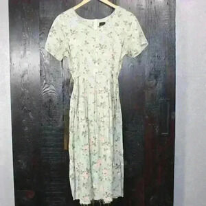 VINTAGE Erika Green Floral Short Sleeve Midi Dress Raw Hem Cottage Women Medium